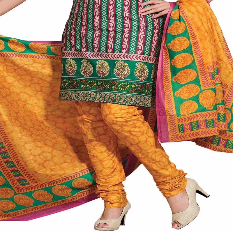 Cotton Bazaar Green & Orange Pure Cotton Unstitched Salwar Suit