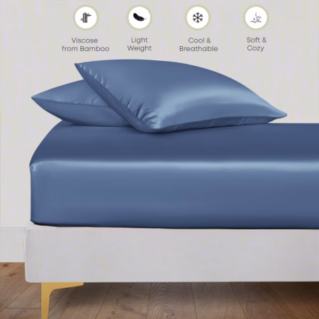 Seasons Blue Silk Bedsheet Deep Pocket with Pillowcase Double