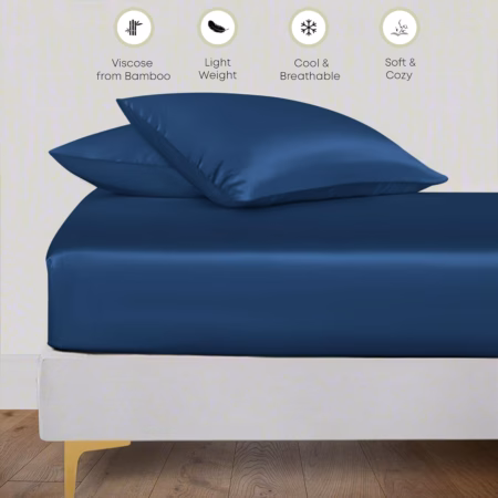 Seasons Navy Blue Silk Bedsheet Deep Pocket with Pillowcase