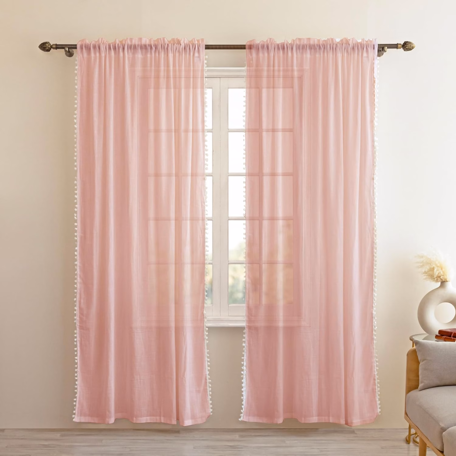Seasons Linen Textured Sheer Curtains 5 Feet Long, Baby Pink - Image 4