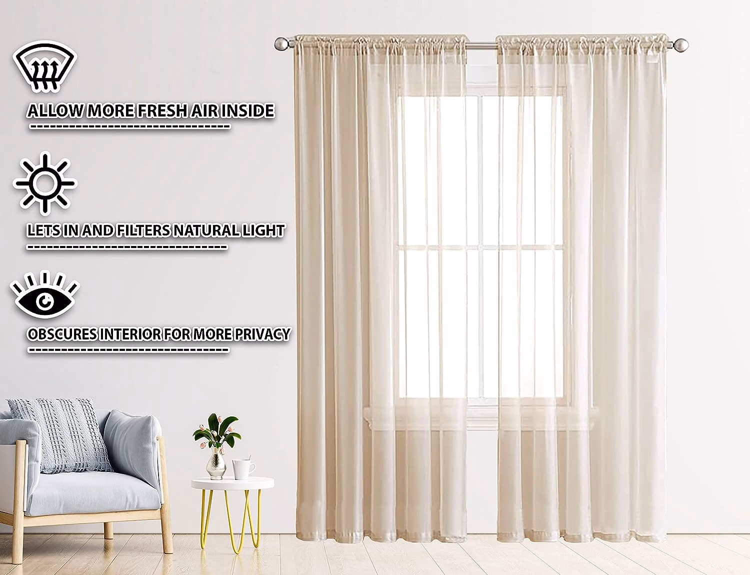 Seasons Sheer Curtains 7 Feet Long Door Set of 2, Beige - Image 3