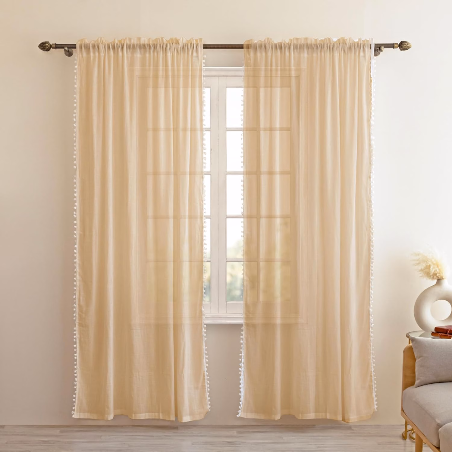Seasons Door 7 Feet Curtains Set with Decorative Border, Beige - Image 3