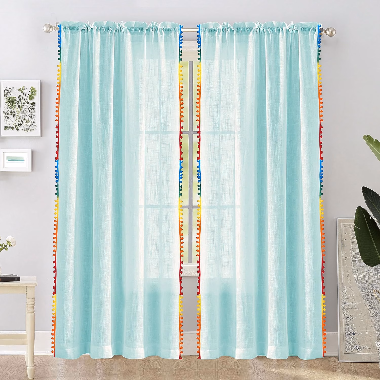 Seasons Cotton Sheer Door Curtains With Border Pompoms, Celeste
