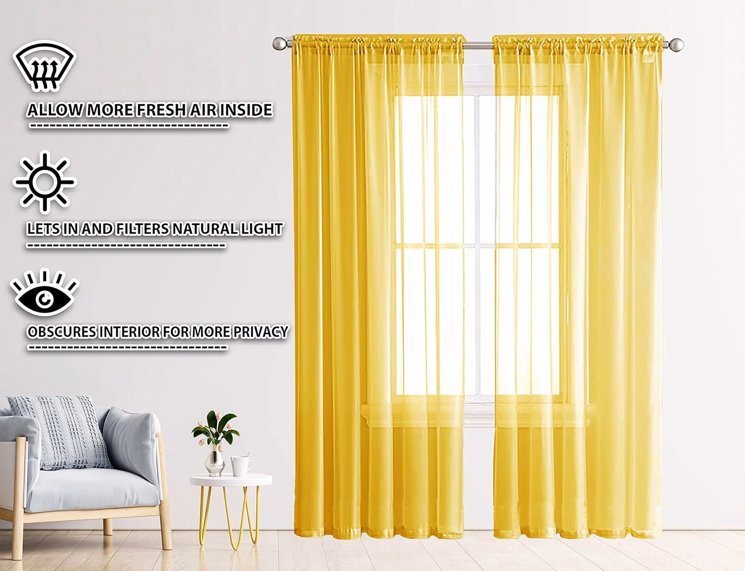 Seasons Sheer Curtains 7 Feet Door Cotton Transparent Curtains, Mustard - Image 3