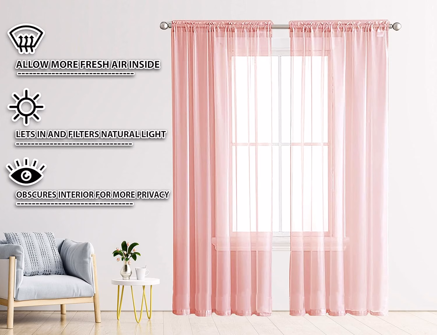 Seasons Cotton Sheer Curtains with Rod Pocket,9 Feet, Baby Pink - Image 3