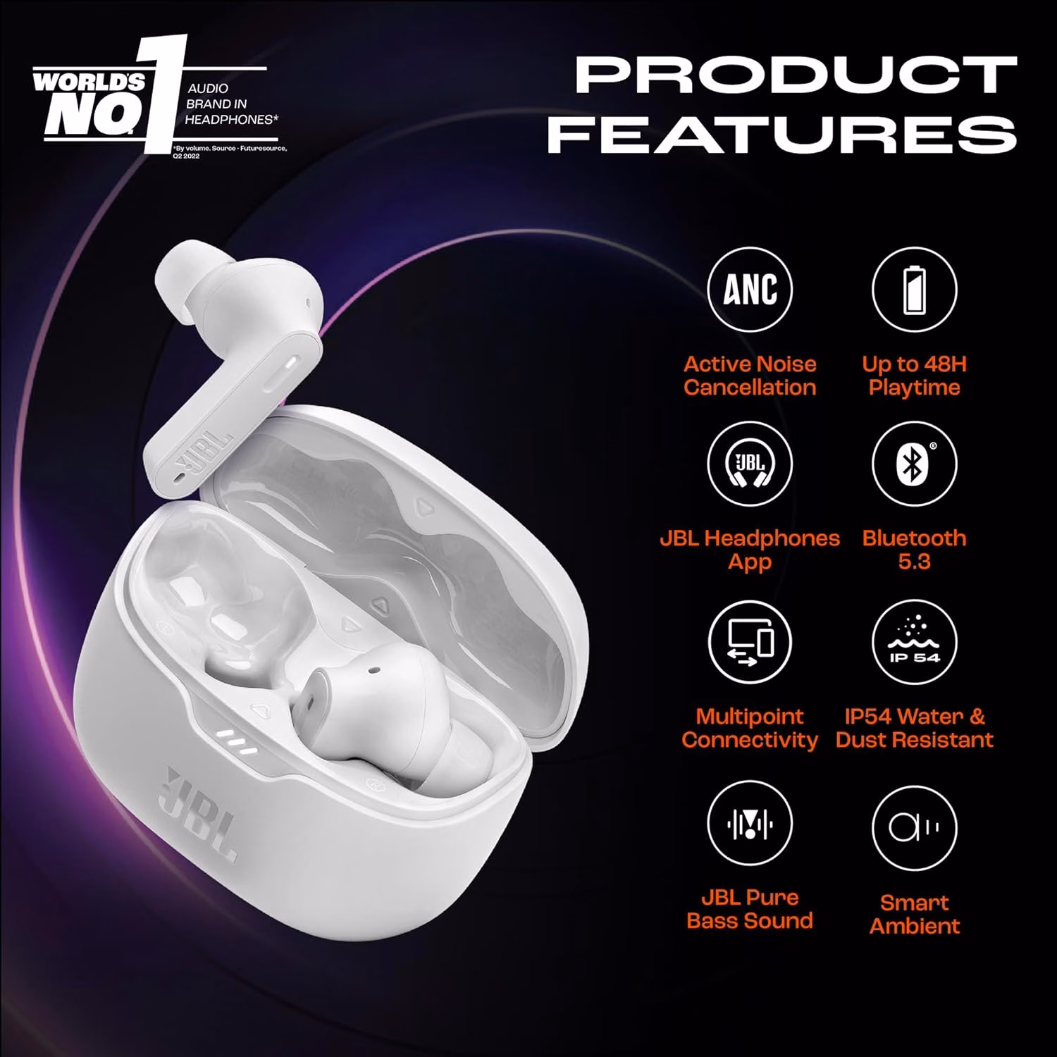 JBL Tune Buds Active Noise Cancellation, 48H playtime,Speed Charge, BT5.3LE Bluetooth Headset??(White, True Wireless) - Image 3