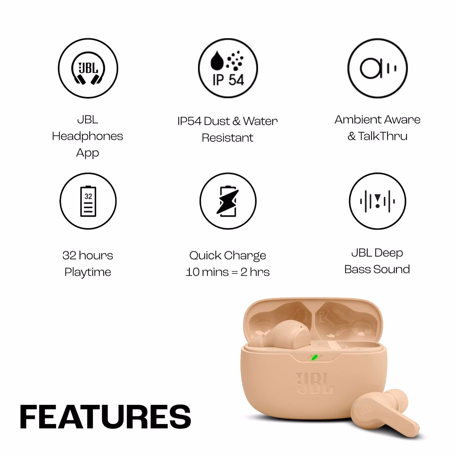 JBL Wave Beam TWS, 32Hr Playtime, IP54, Smart Ambient & TalkThru Mode, JBL App Bluetooth Headset??(Beige, In the Ear) - Image 3