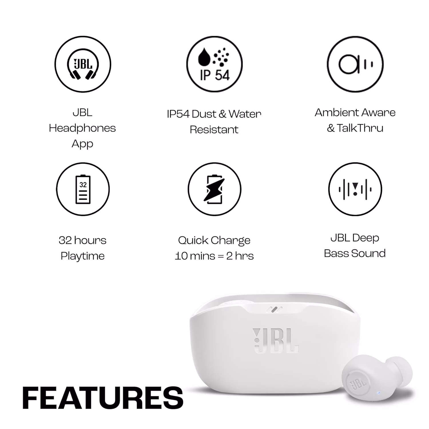 JBL Wave Buds TWS, 32Hr Playtime, IP54, Smart Ambient & TalkThru Mode, JBL App, Bluetooth Headset??(White, In the Ear) - Image 3