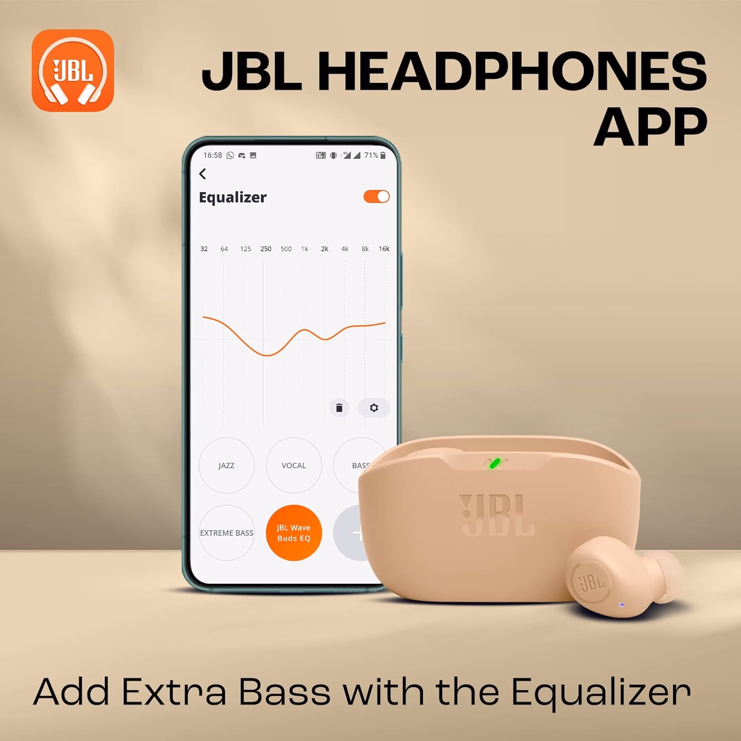 JBL Wave Buds TWS, 32Hr Playtime, IP54, Smart Ambient & TalkThru Mode, JBL App, Bluetooth Headset??(Beige, In the Ear) - Image 4
