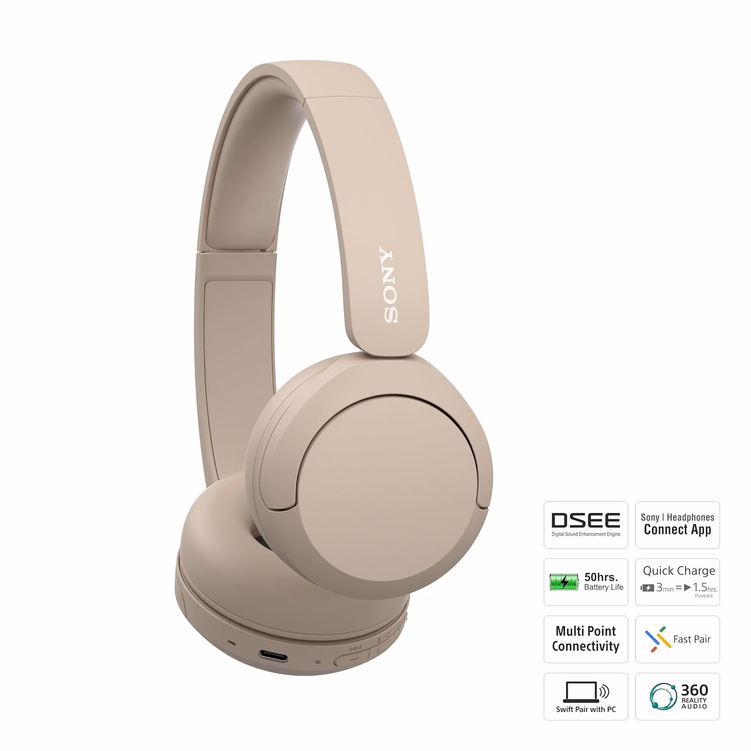 SONY WH-CH520 with 50 Hrs Playtime, DSEE Upscale, Multipoint Connection/Dual Pairing Bluetooth Headset??(Taupe, On the Ear) - Image 4
