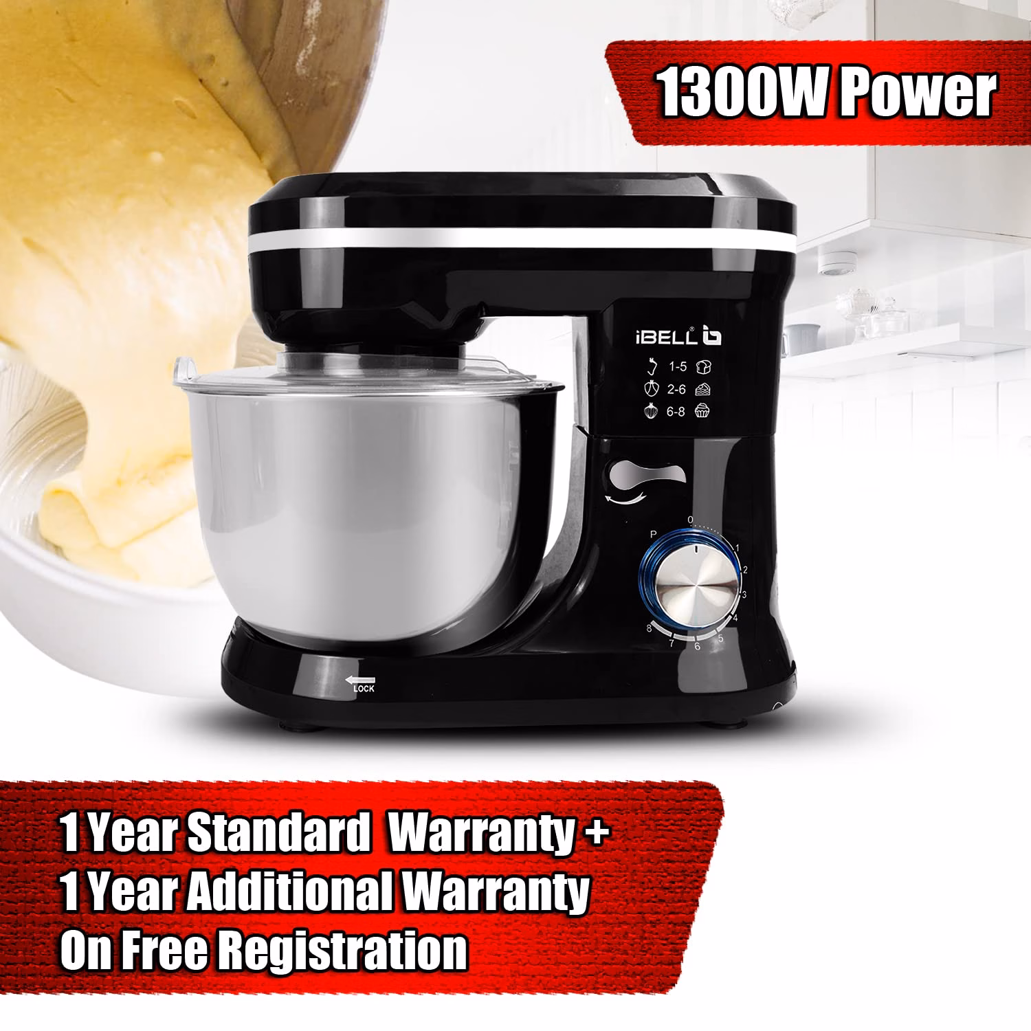 ibell 4500MPLUS Electric Food Mixer, 100% Copper Motor, 8 Speed, 5L SS Bowl, 1300 W Stand Mixer?(Black) - Image 3
