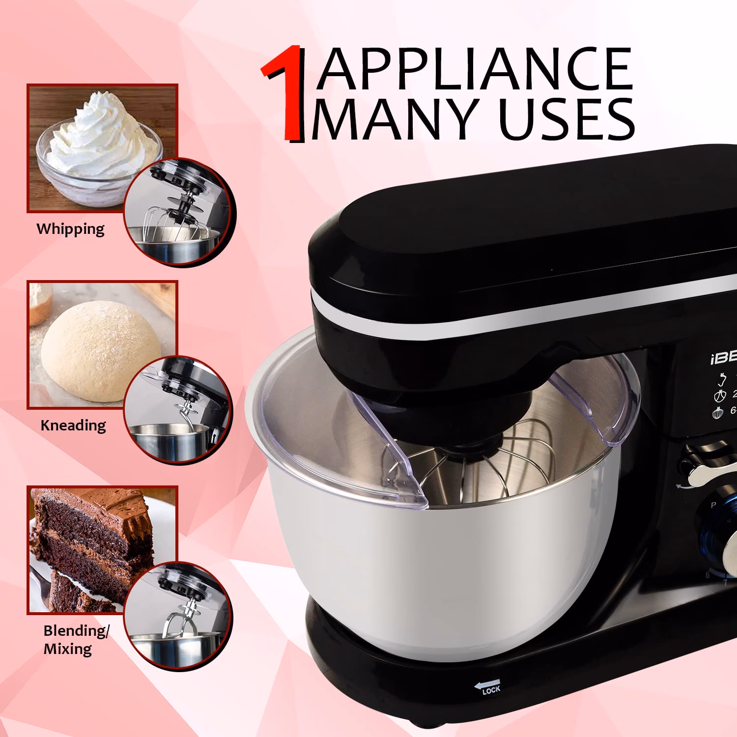 ibell 4500MPLUS Electric Food Mixer, 100% Copper Motor, 8 Speed, 5L SS Bowl, 1300 W Stand Mixer?(Black) - Image 4