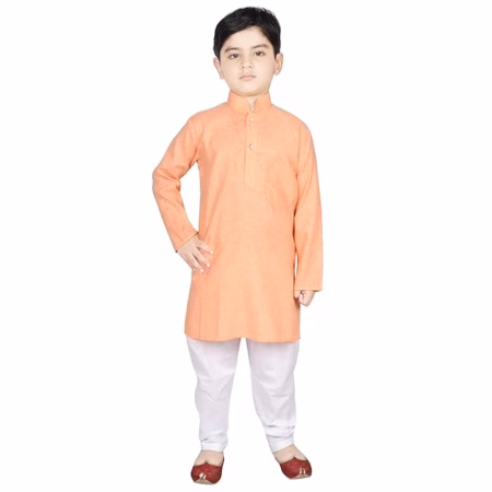 Kids Orange Cotton Kurta Pyjama Set