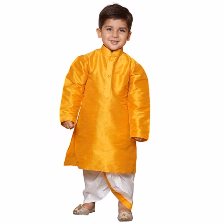 Kids Silk Yellow Dhoti Kurta Set For Boys