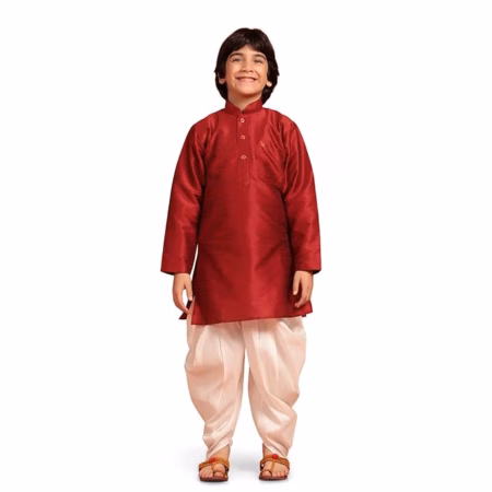 Kids Silk Maroon Kurta Patiala Set for Boys
