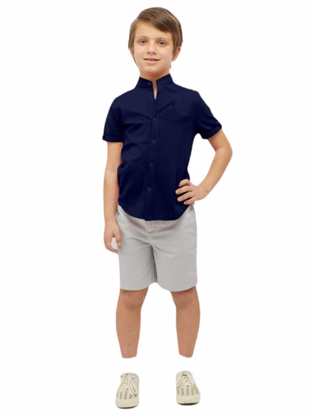 Boys Cotton Blend Mandarin Neck Navy Blue Shirt