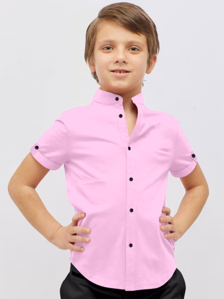 Boys Cotton Blend Mandarin Neck Pink Shirt