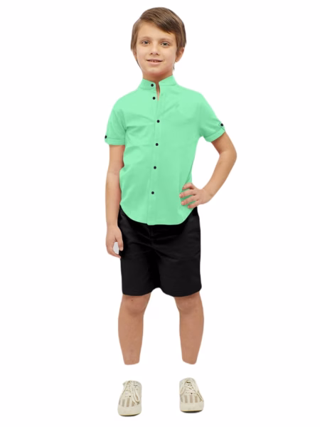 Boys Cotton Blend Mandarin Neck Pista Shirt