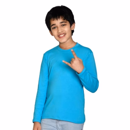 Boys Sky Blue Cotton Full Sleeve Solid Tshirt