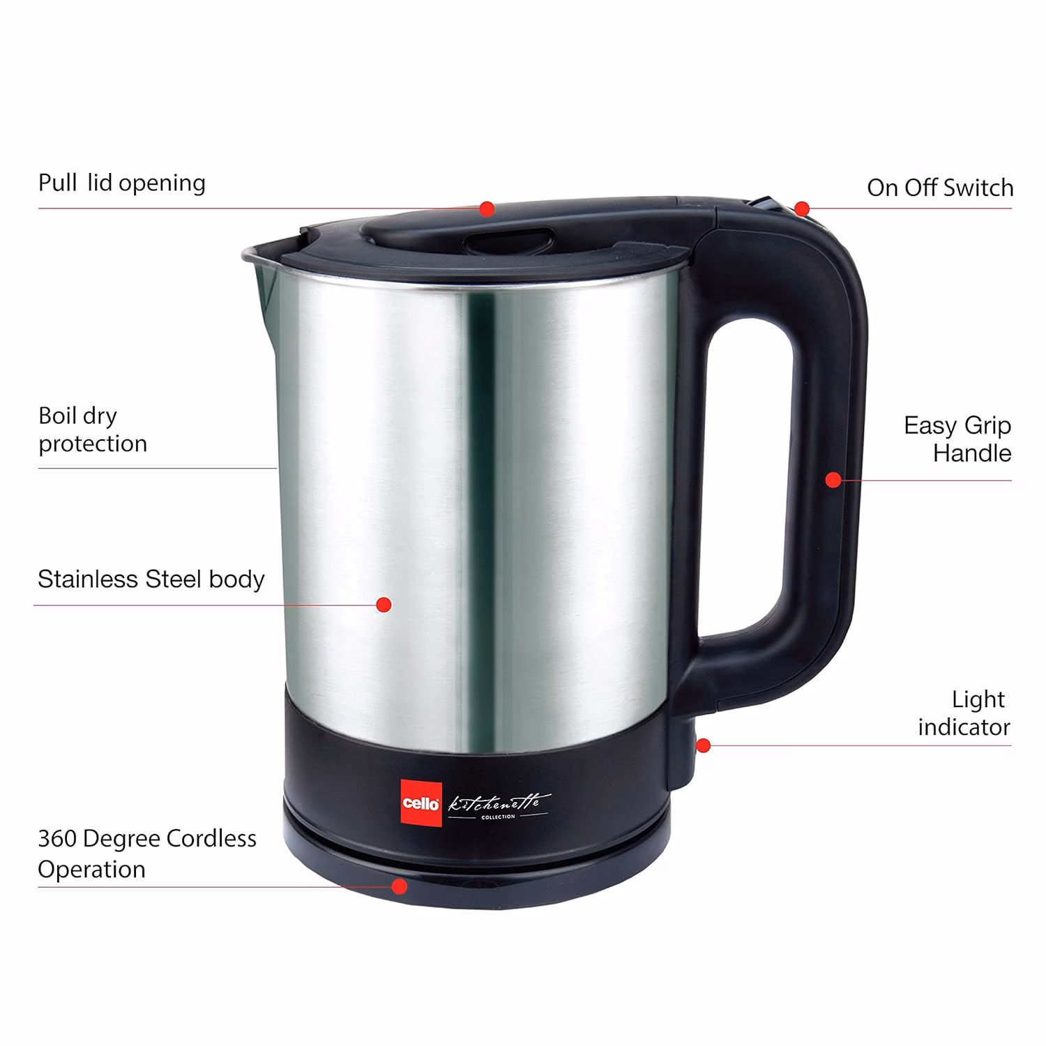 Cello Quick Boil 800 Electric Kettle??(1.7 L, Silver & Black) - Image 3