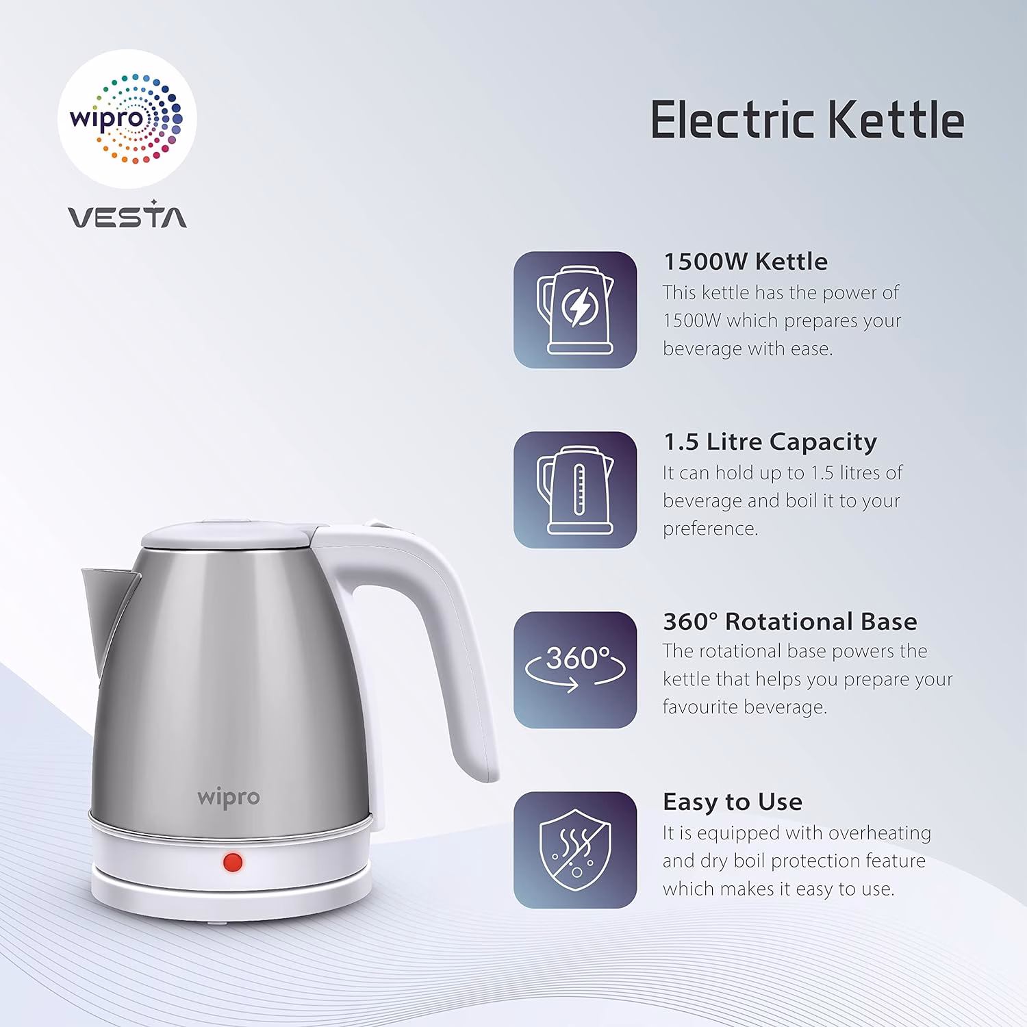 Wipro Vesta 1.5 Ltr Electric Kettle??(1.5 L, White) - Image 4