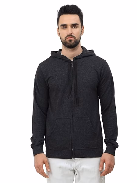Men's Cotton Plain Charcoal Melange Hooded