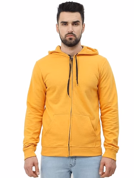 Men's Cotton Plain Mustard Yellow Hooded