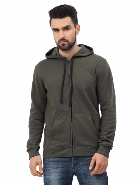 Men's Cotton Plain Olive Green Hooded