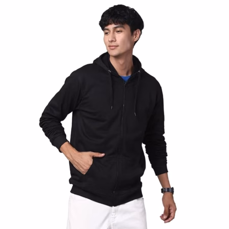 Mens Solid Zipper Black Hoodie