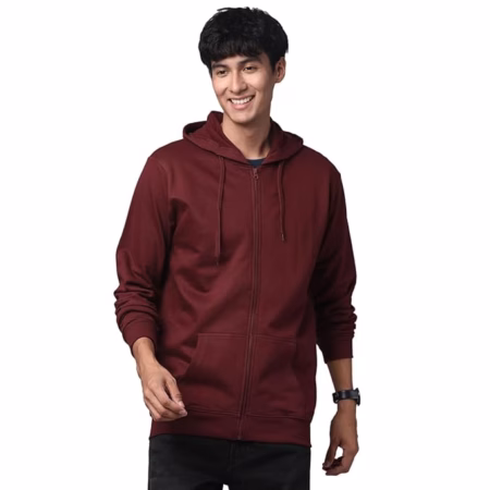 Mens Solid Zipper Maroon Hoodie