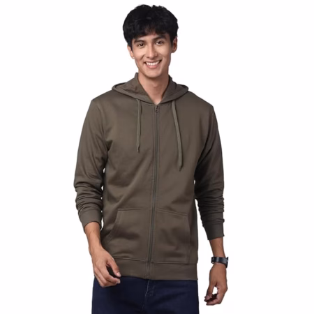 Mens Solid Zipper Olive Hoodie