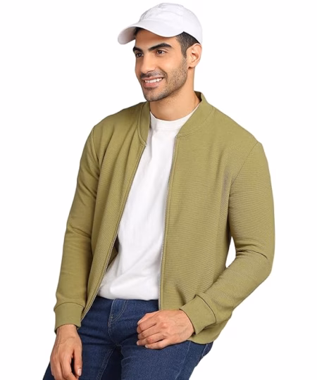 Men Solid Front Zipper Green Jacket