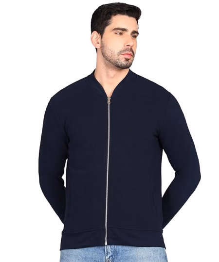 Men Solid Front Zipper Navy Blue Jacket