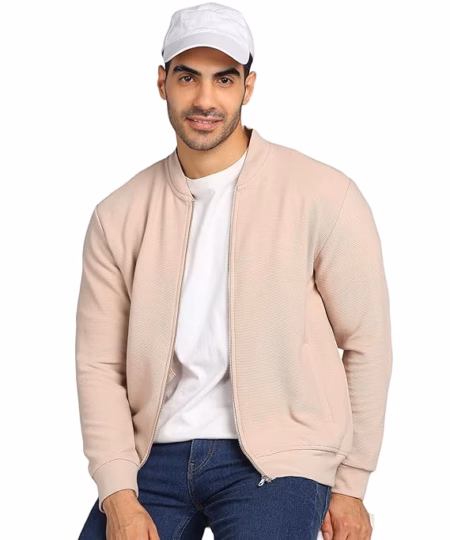 Men Solid Front Zipper Beige Jacket