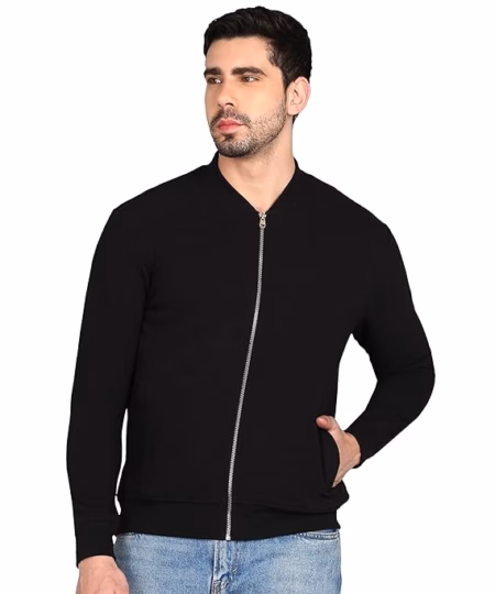 Men Solid Front Zipper Black Jacket