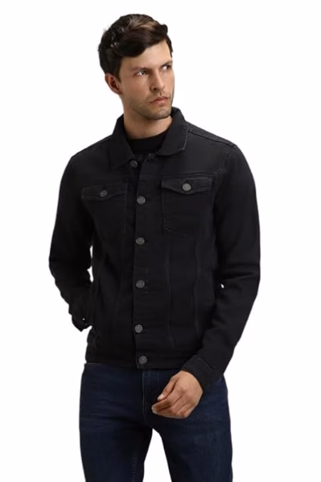 Men Regular Fit Denim Dark Black Jacket
