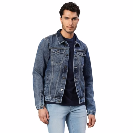 Men Regular Fit Denim Navy Blue Jacket