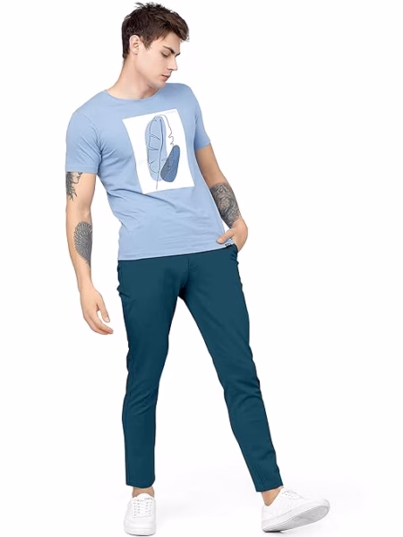 Men Plain Regular Fit Teal Blue Pant