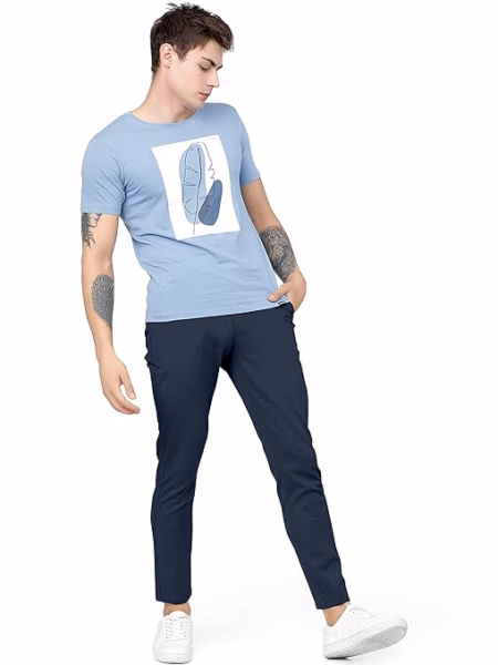 Men Plain Regular Fit Navy Blue Pant