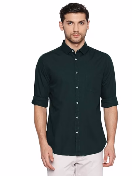 Men Solid Cotton Casual Dark Green Shirt