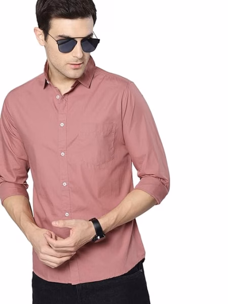Men Solid Cotton Casual Dusty Pink Shirt