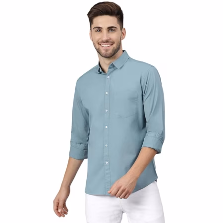 Men Solid Cotton Casual Blue Teal Shirt