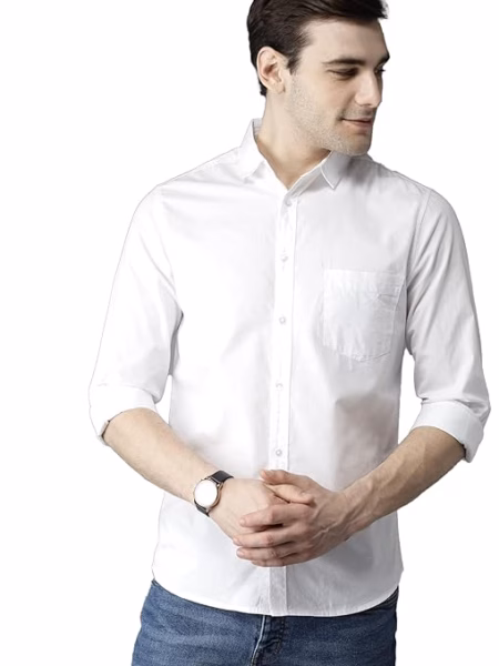 Men Solid Cotton Casual White Shirt