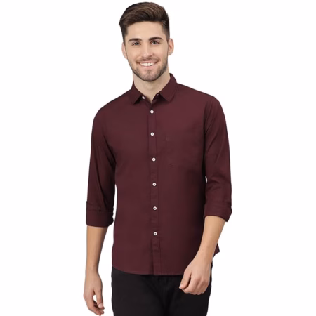 Men Solid Cotton Casual Burgundy Shirt
