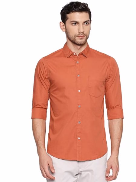 Men Solid Cotton Casual Orange Shirt
