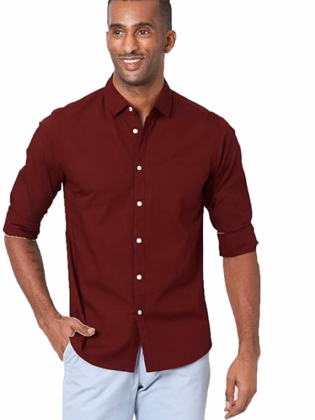 Men Solid Cotton Casual Maroon Shirt