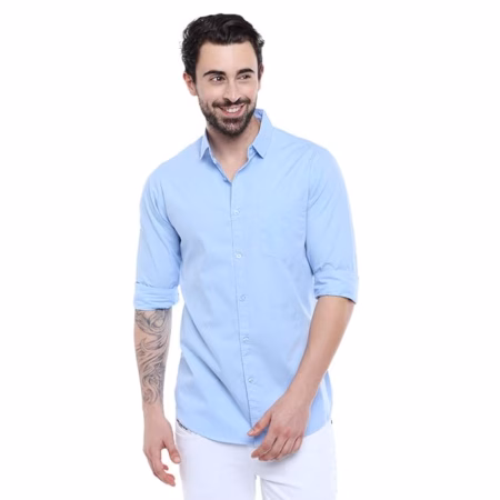 Men Solid Cotton Casual Sky Blue Shirt