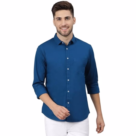 Men Solid Cotton Casual Dark Blue Shirt