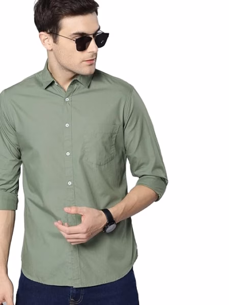 Men Solid Cotton Casual Dusty Green Shirt