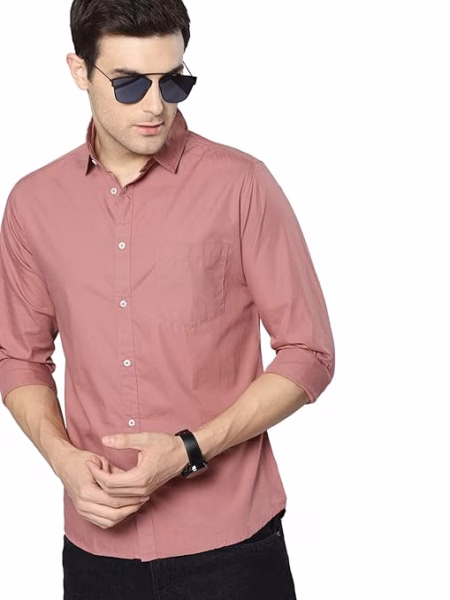 Men Solid Cotton Casual Dusty Pink Shirt